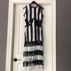 Navy/White cut out dress w/ fringe